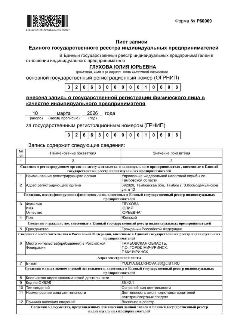 лист записи ЕГРИП